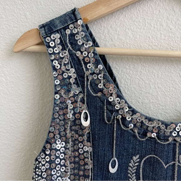 KBB JEANS Vintage 90s Dark Wash Denim Sequin Beaded Handmade Smocked Tank Top - Picture 2 of 11